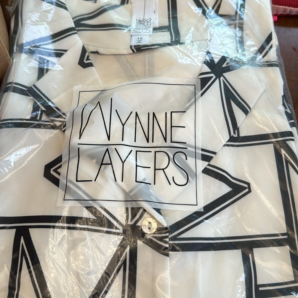 Wynne Layers Black White Abstract Shirt Dress Waist Tie 1X Plus Size - Picture 2 of 2